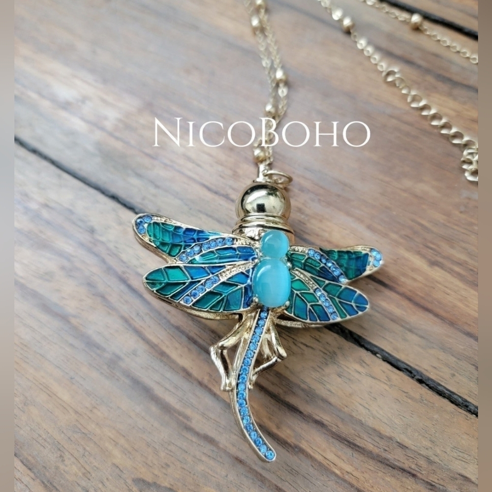 Vintage dragonfly stone perfume necklace
